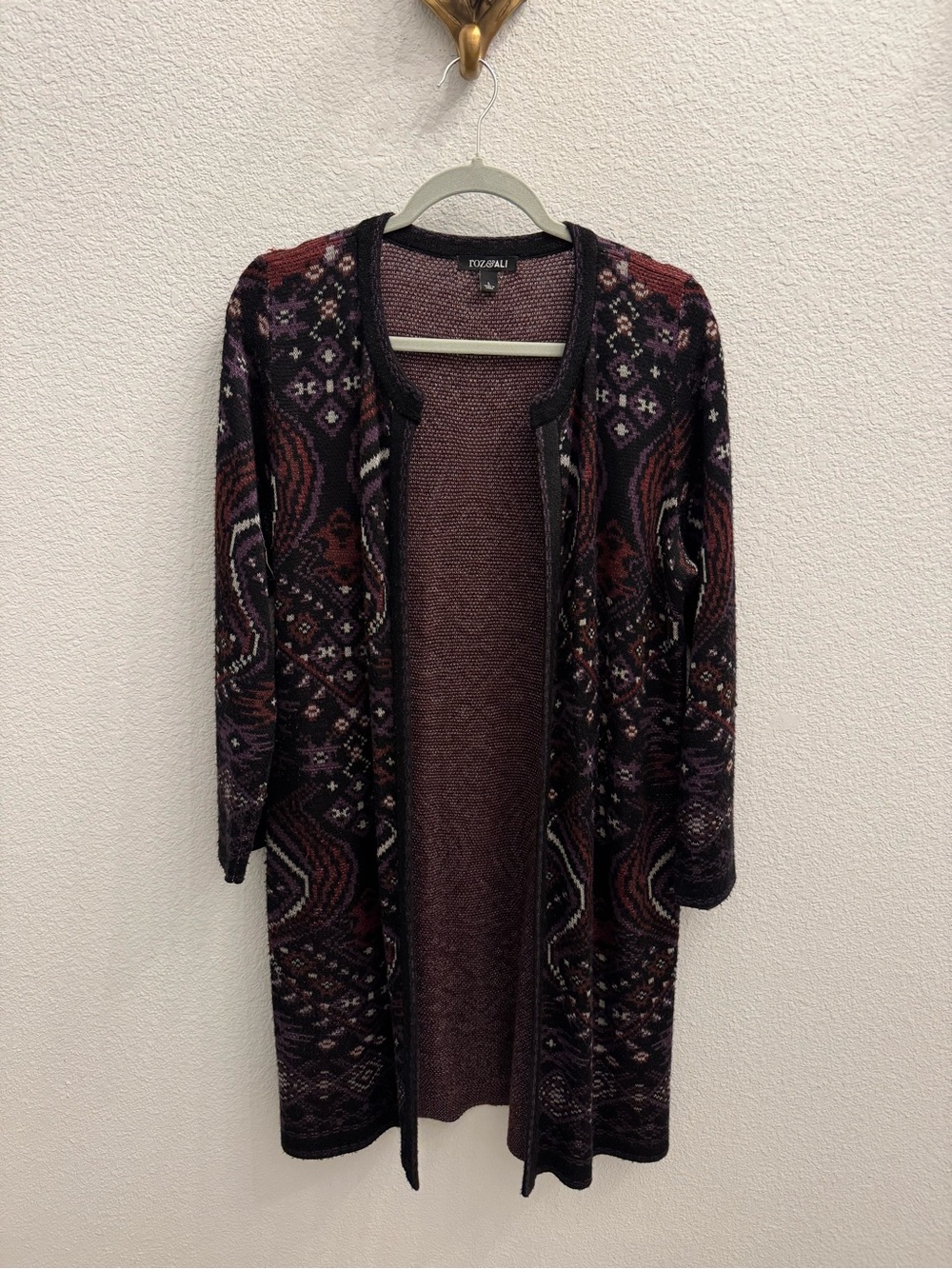Roz & Ali Burgundy Multi Open-Front Patterned Long Cardigan